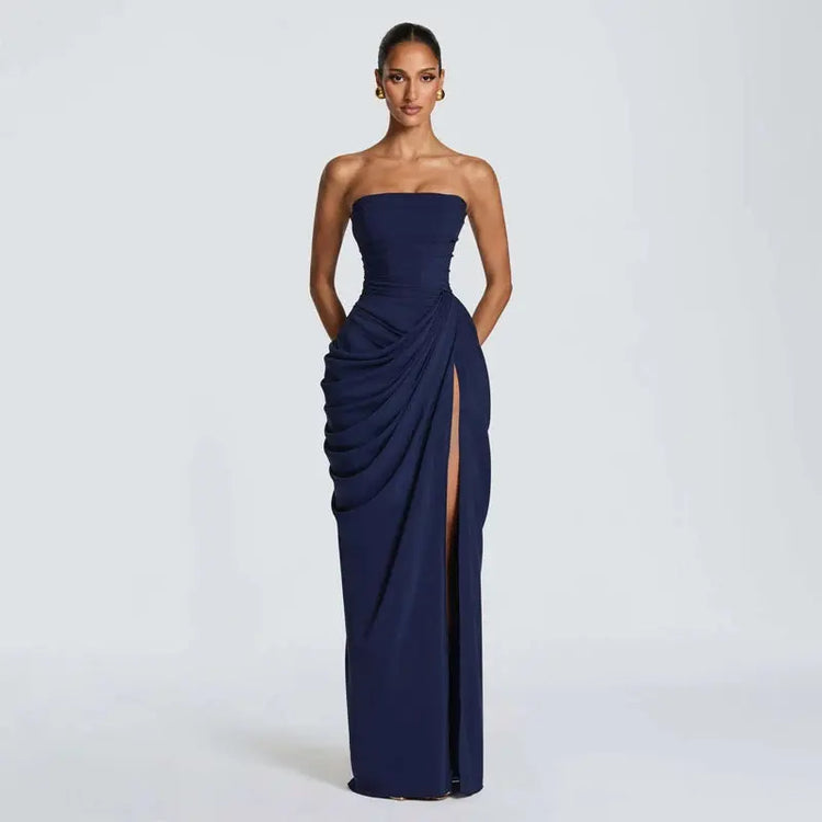Elegant Solid Strapless Pleated Dress Women Chic Sleeveless Waist Cinching Split Maxi Vestidos 2026 Lady Evening Party Dresses SHOPEZRA L.L.C.