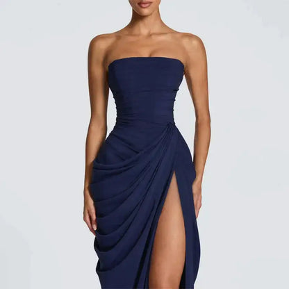 Elegant Solid Strapless Pleated Dress Women Chic Sleeveless Waist Cinching Split Maxi Vestidos 2026 Lady Evening Party Dresses by Dropshipman