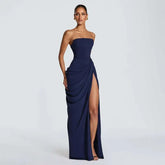 Elegant Solid Strapless Pleated Dress Women Chic Sleeveless Waist Cinching Split Maxi Vestidos 2026 Lady Evening Party Dresses SHOPEZRA L.L.C.