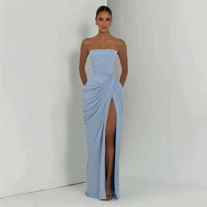 Elegant Solid Strapless Pleated Dress Women Chic Sleeveless Waist Cinching Split Maxi Vestidos 2026 Lady Evening Party Dresses by Dropshipman