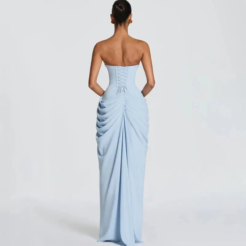 Elegant Solid Strapless Pleated Dress Women Chic Sleeveless Waist Cinching Split Maxi Vestidos 2026 Lady Evening Party Dresses SHOPEZRA L.L.C.
