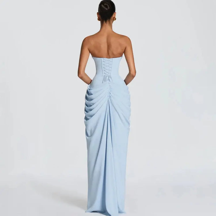 Elegant Solid Strapless Pleated Dress Women Chic Sleeveless Waist Cinching Split Maxi Vestidos 2026 Lady Evening Party Dresses SHOPEZRA L.L.C.