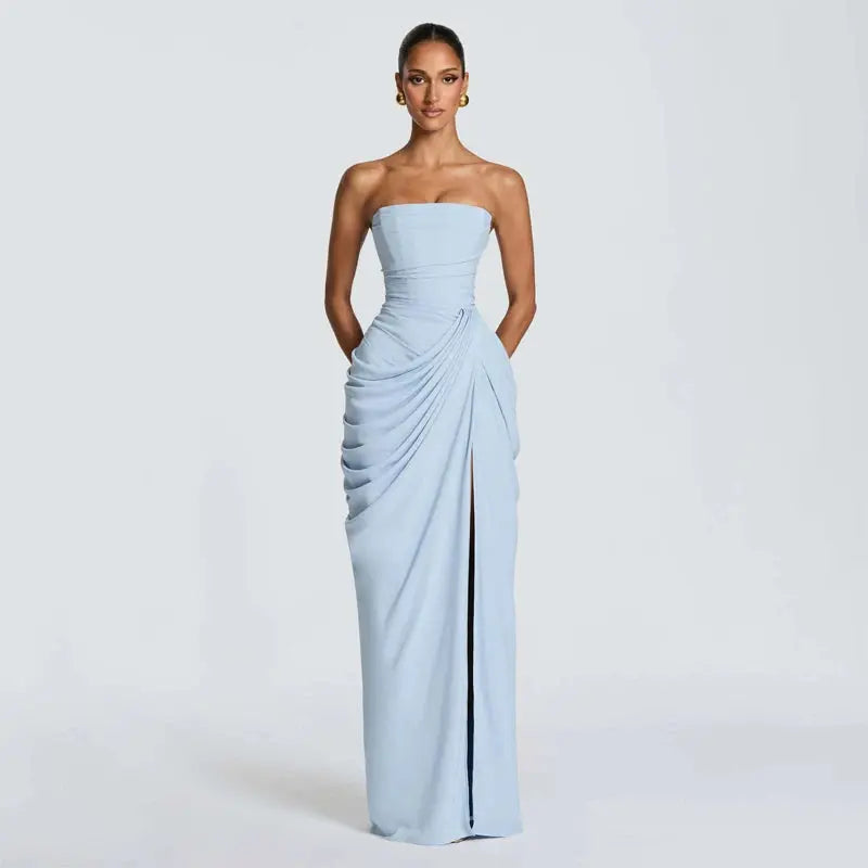 Elegant Solid Strapless Pleated Dress Women Chic Sleeveless Waist Cinching Split Maxi Vestidos 2026 Lady Evening Party Dresses SHOPEZRA L.L.C.