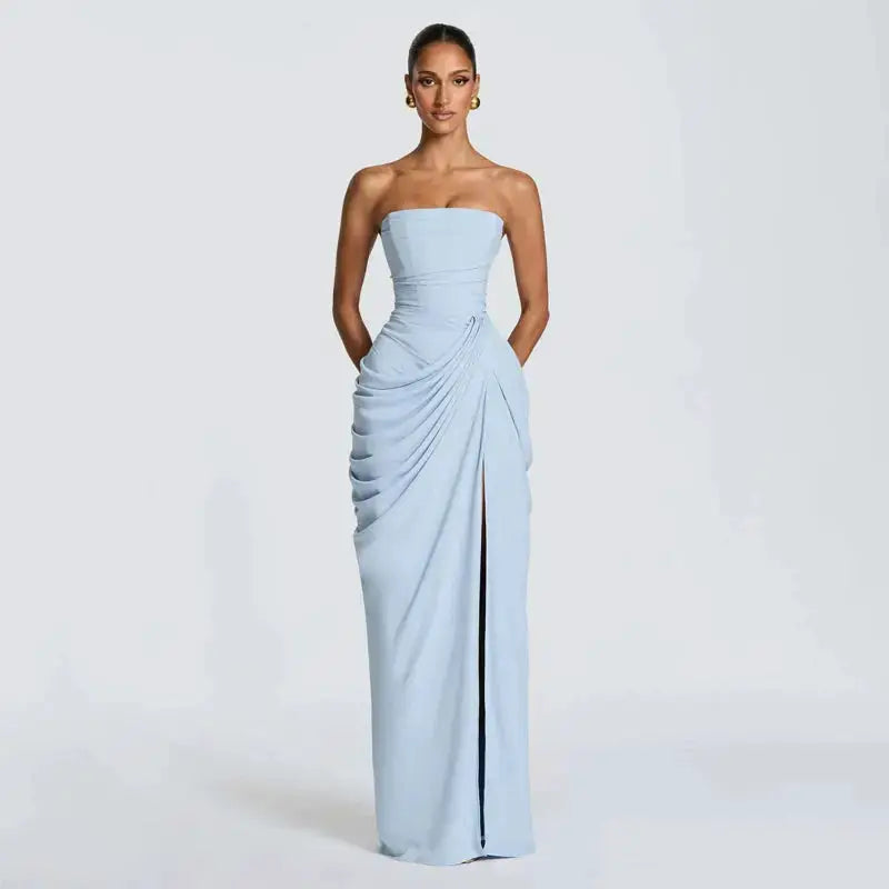 Elegant Solid Strapless Pleated Dress Women Chic Sleeveless Waist Cinching Split Maxi Vestidos 2026 Lady Evening Party Dresses by Dropshipman