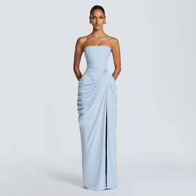 Elegant Solid Strapless Pleated Dress Women Chic Sleeveless Waist Cinching Split Maxi Vestidos 2026 Lady Evening Party Dresses SHOPEZRA L.L.C.