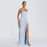 Elegant Solid Strapless Pleated Dress Women Chic Sleeveless Waist Cinching Split Maxi Vestidos 2026 Lady Evening Party Dresses SHOPEZRA L.L.C.