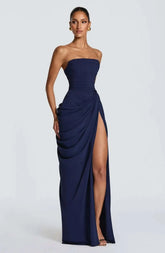 Elegant Solid Strapless Pleated Dress Women Chic Sleeveless Waist Cinching Split Maxi Vestidos 2026 Lady Evening Party Dresses SHOPEZRA L.L.C.