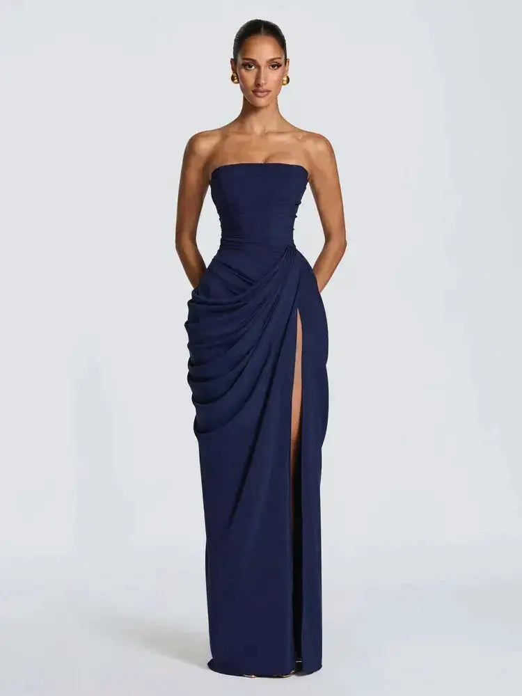 Elegant Solid Strapless Pleated Dress Women Chic Sleeveless Waist Cinching Split Maxi Vestidos 2026 Lady Evening Party Dresses by Dropshipman