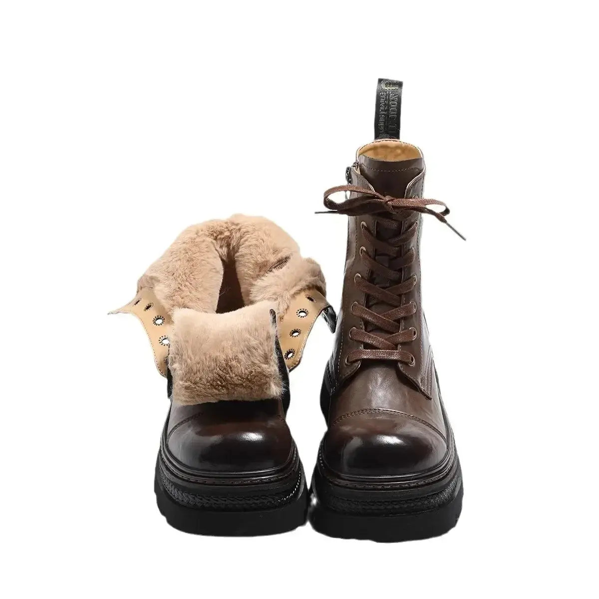 Brown winter women's waterproof snow boots by Shopezra L.L.C. with plush lining, lace-up design, and platform for outdoor warmth and comfort.