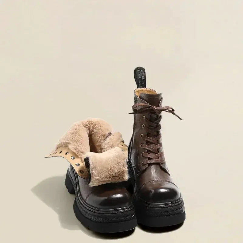 Brown waterproof winter women's snow boots with plush lining, lace-up design, platform height, and outdoor suitable for cold weather.
