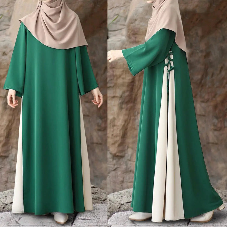Muslim Women Modest Long Dress Patchwork Drawstring Arab Robe Vestidos Jalabiya Dubai Saudi Abayas Morocco Eid Ramadan Dresses SHOPEZRA L.L.C.