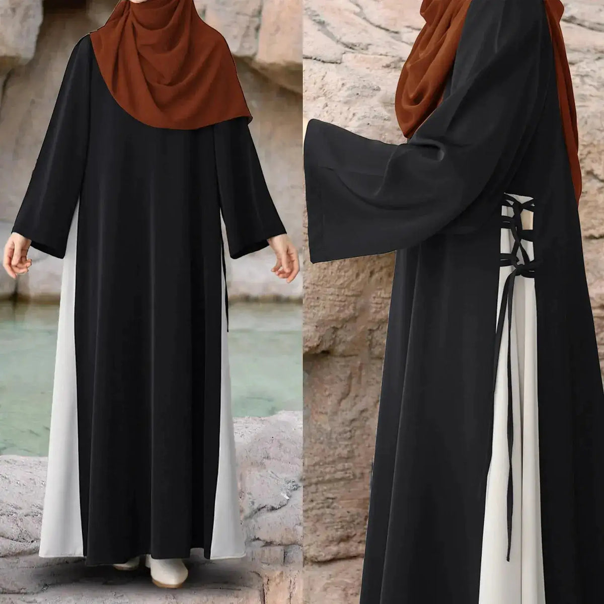 Muslim Women Modest Long Dress Patchwork Drawstring Arab Robe Vestidos Jalabiya Dubai Saudi Abayas Morocco Eid Ramadan Dresses by Dropshipman
