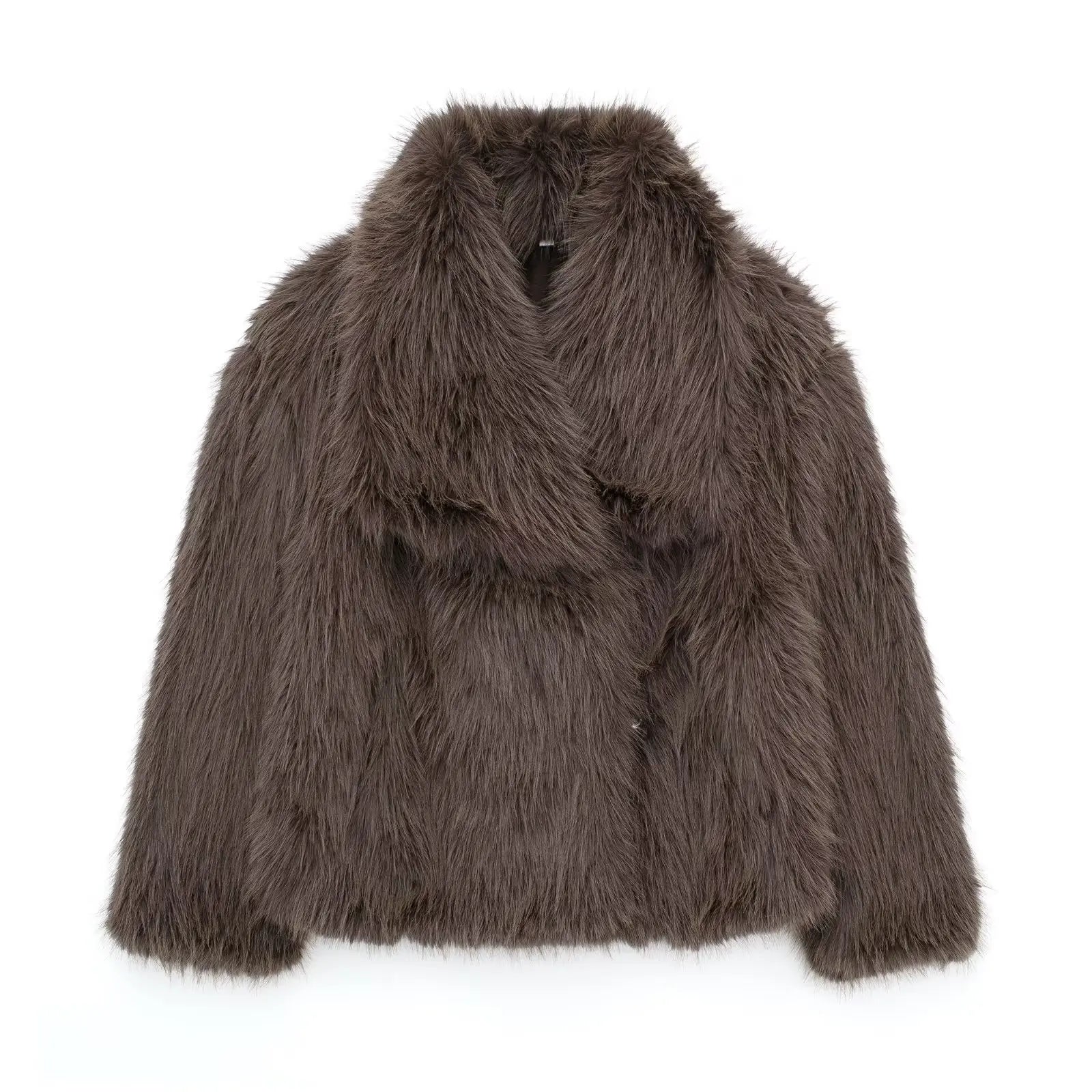 Brown plush coat for women by SHOPEZRA L.L.C., featuring a cozy, oversized design with a soft, textured fabric.
