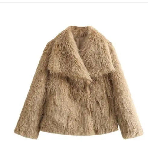 Brown plush coat for women by SHOPEZRA L.L.C., showing a cozy, oversized winter coat with a soft, plush texture.