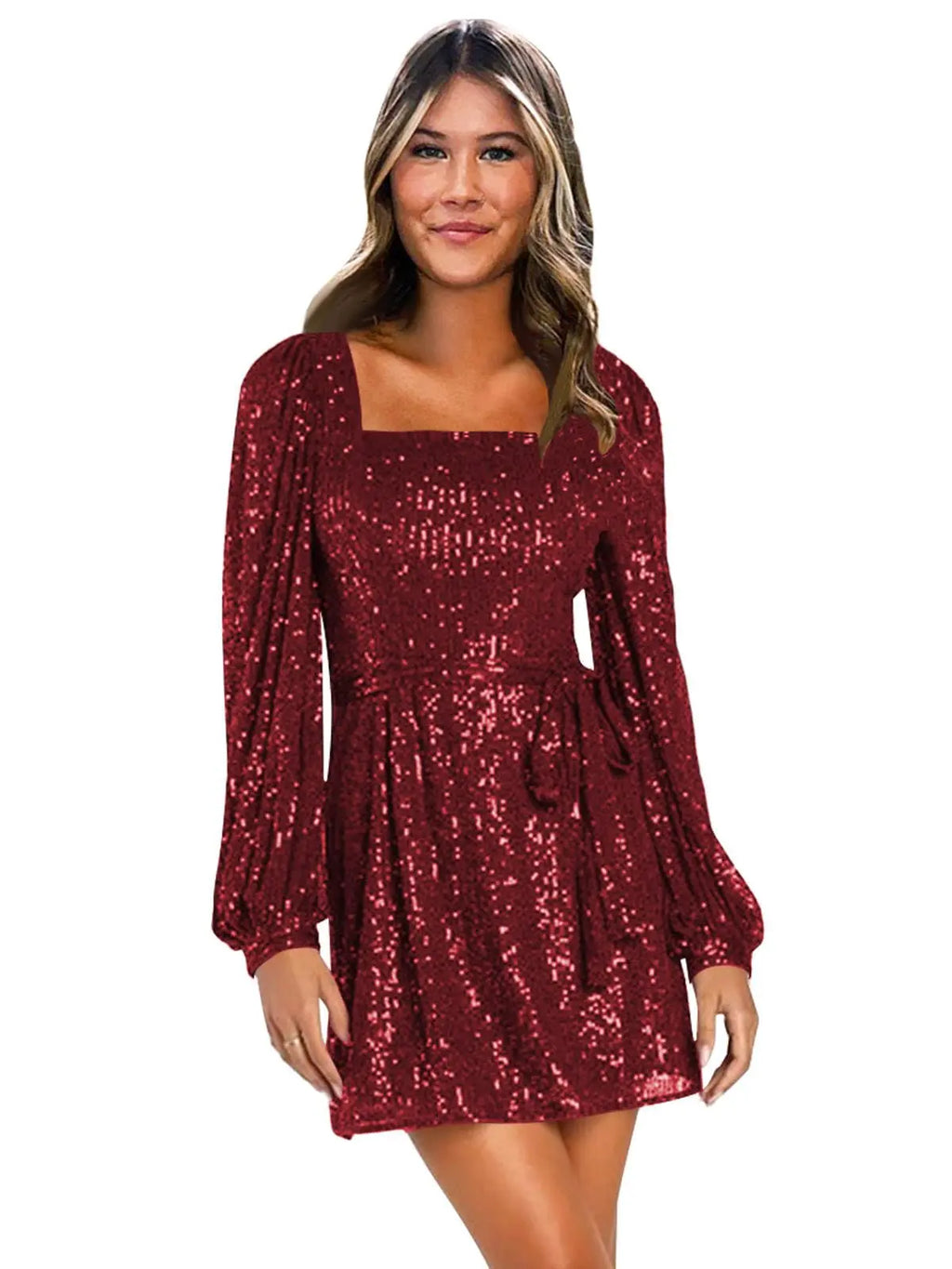 Burgundy sequin homecoming dress with sleeves, short square neck, and an elegant A-line design for formal events.