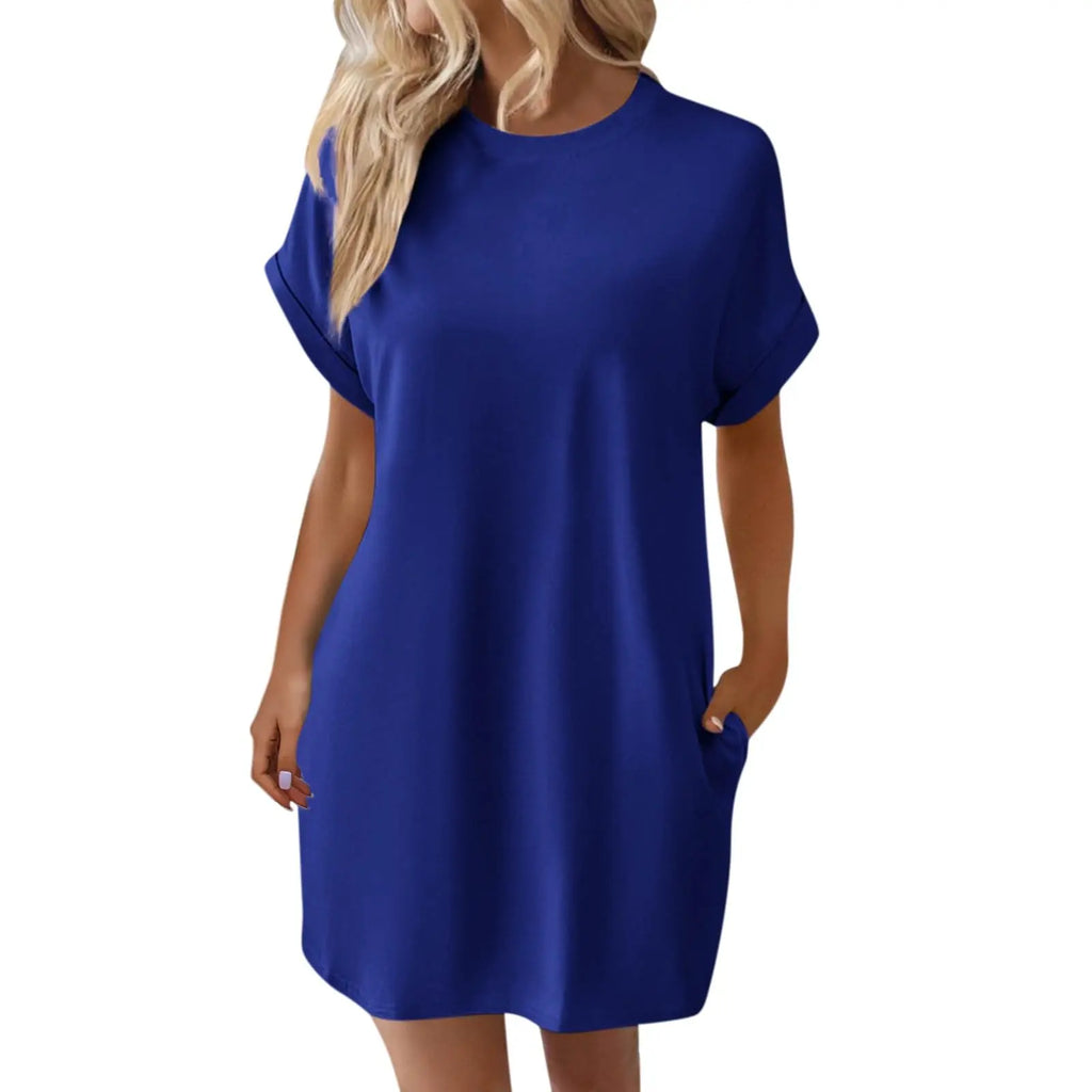 Dark blue boho western dress for women, short sleeve t-shirt style, casual medium size, perfect for spring and summer.