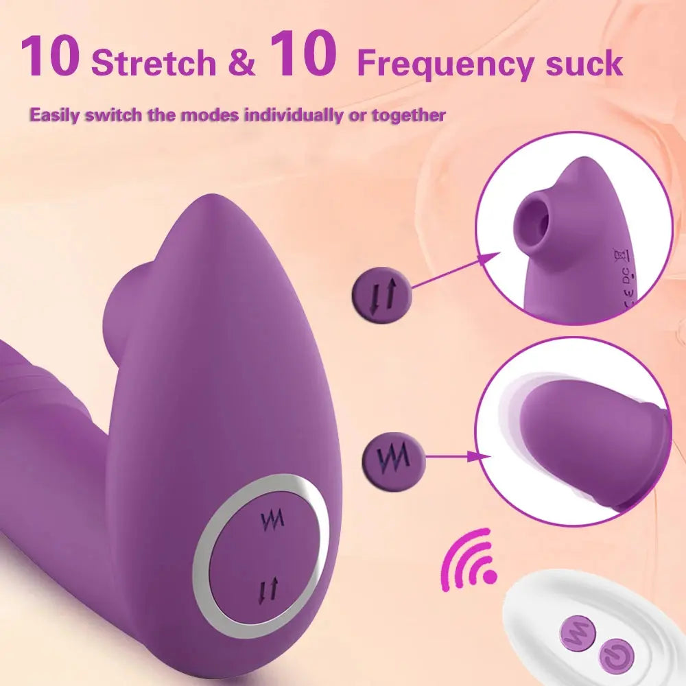 Wireless remote control dildo vibrator with 2-in-1 design, vaginal sucker, and clitoral stimulator for women.