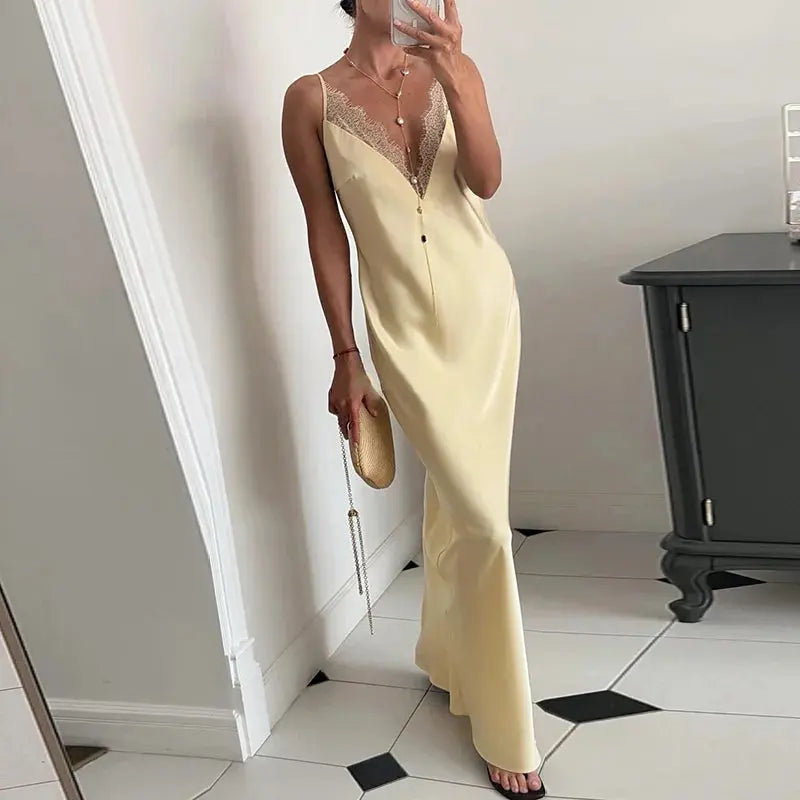 Yellow lace satin spliced sleeveless summer dress with V-neck and backless design, perfect for beach parties and casual wear.
