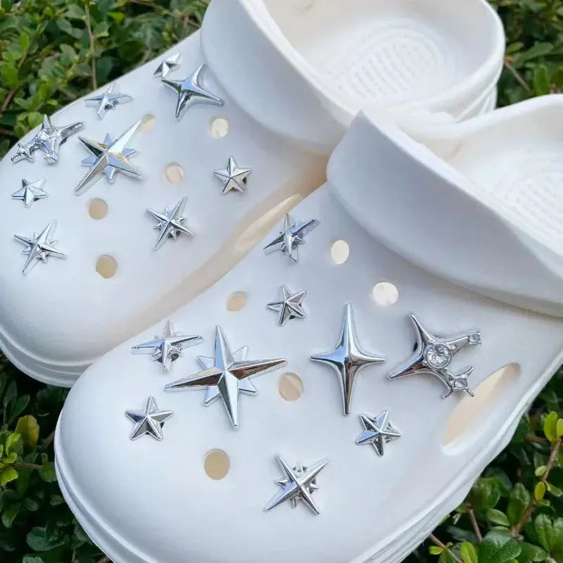 Set of 18 punk style metal rivets and decorative buckles for garden and hole shoes, by SHOPEZRA L.L.C., shown on shoes.