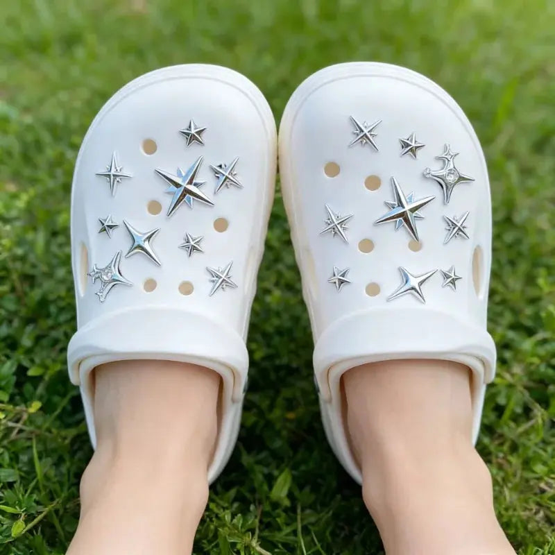 Set of 18 punk style metal rivets and decorative buckles for garden shoes and hole shoes, featuring detachable, edgy metal accents.