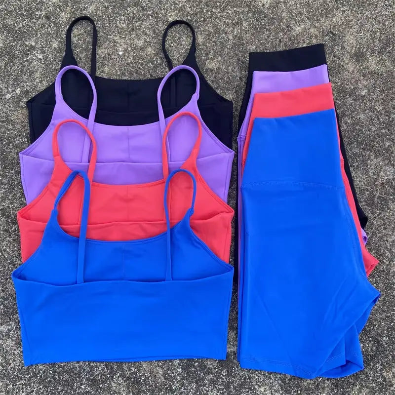 Women's purple yoga cycling shorts and U-shaped strap bra set by SHOPEZRA L.L.C., designed for gym, yoga, and active wear.