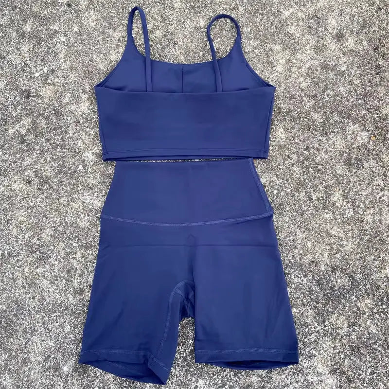 Women's purple yoga cycling shorts suit with U-shaped strap bra and outer wear, ideal for gym, yoga, and active sports.