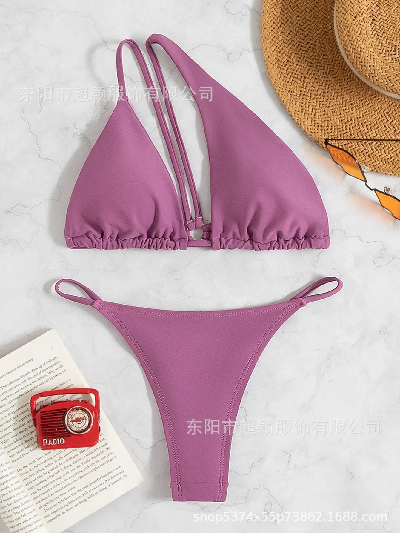 Shopezra L.L.C. brown cross-border bikini with stone decoration, pinxiu back, split shoulder design, and thong style swimsuit.
