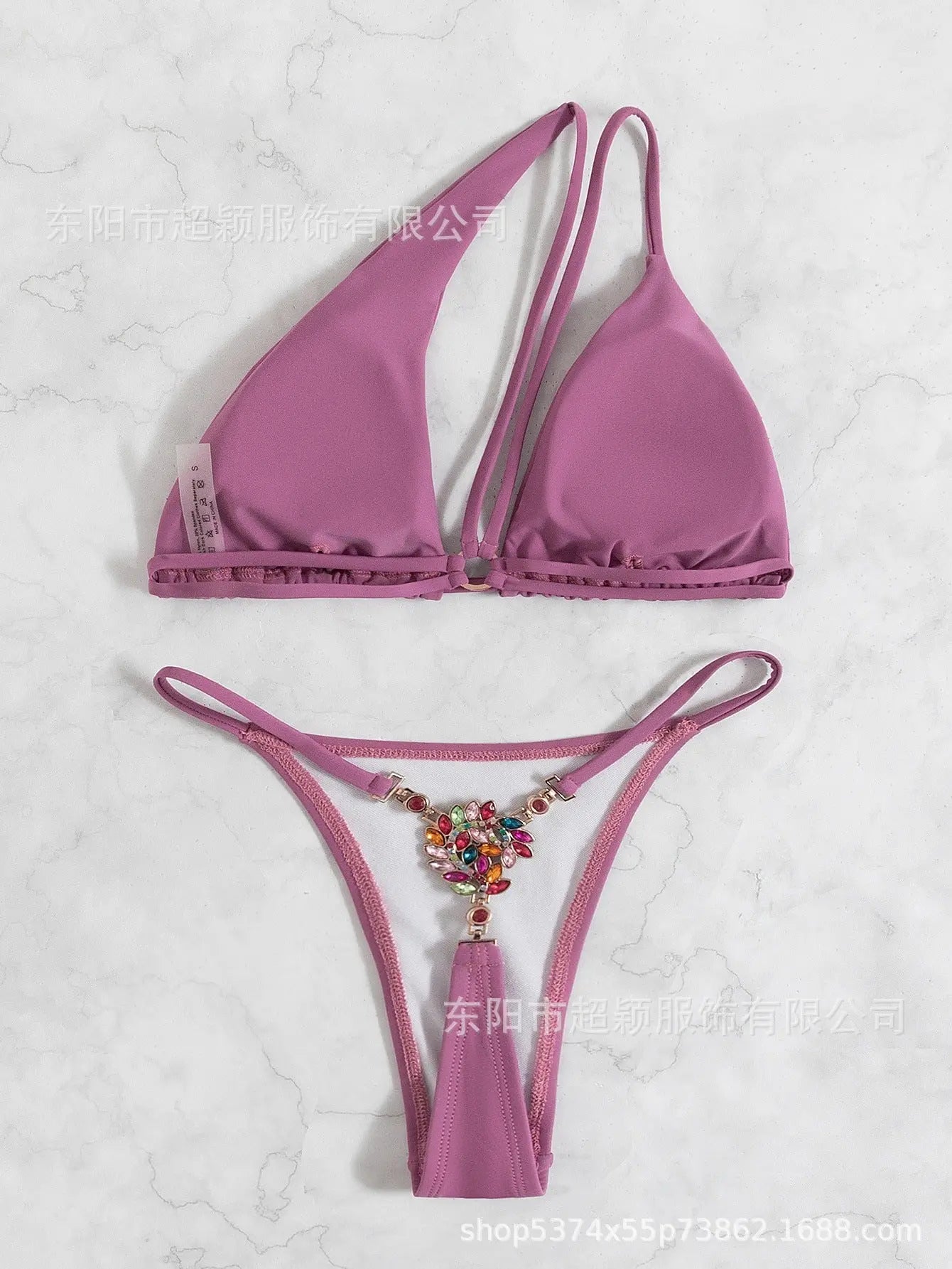 SHOPEZRA L.L.C. brown bikini with stone decoration, split shoulder design, pinxiu back, and thong style for beachwear.