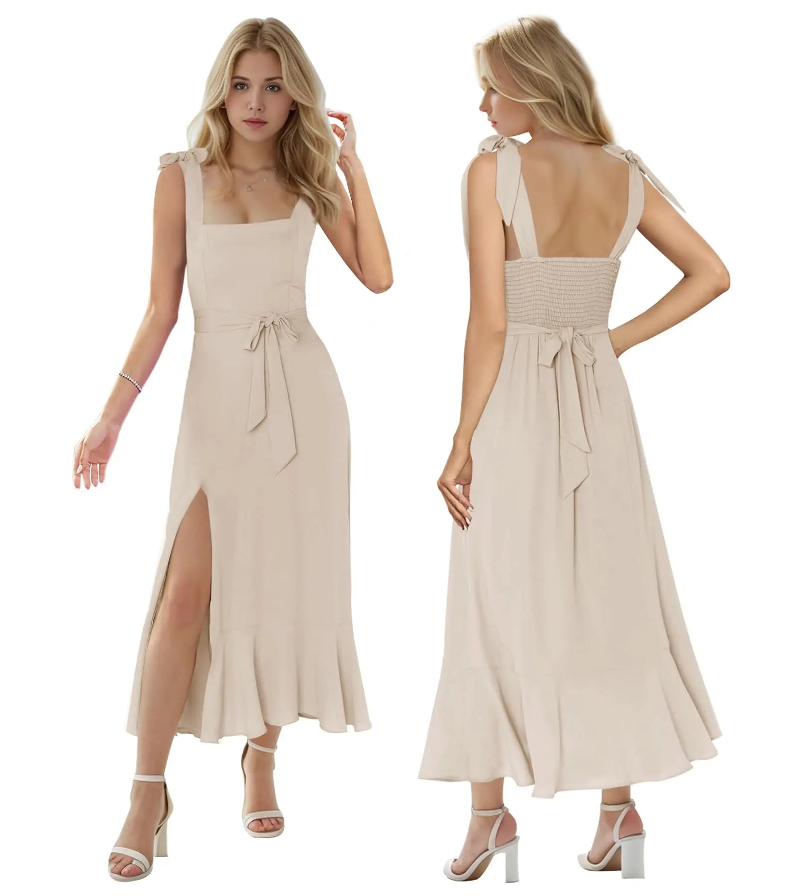 Champagne tea length graduation dress featuring a smocked back, square neck, and flowy ruffle slit skirt, perfect for women.