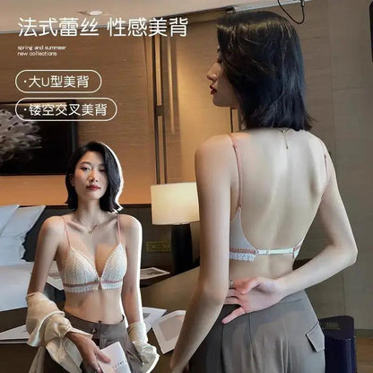 US Back Underwear 2024 New Explosions Front Buckle Bra No Steel Ring French Triangle Cup Sexy Big U Backless Bra by Dropshipman