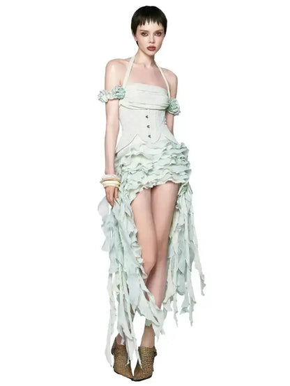 Women Ruffles Draped Dress Three Piece Sets Sexy Halter Neck Folds Ruffled Dress+Lace-up Corset Top+Shorts Suits Party Cocktail by Dropshipman