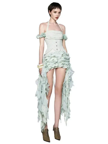Women Ruffles Draped Dress Three Piece Sets Sexy Halter Neck Folds Ruffled Dress+Lace-up Corset Top+Shorts Suits Party Cocktail by Dropshipman