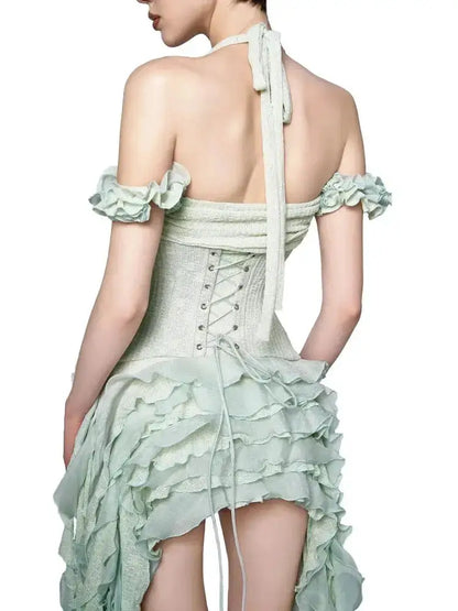 Women Ruffles Draped Dress Three Piece Sets Sexy Halter Neck Folds Ruffled Dress+Lace-up Corset Top+Shorts Suits Party Cocktail by Dropshipman