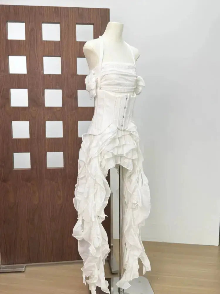 Women Ruffles Draped Dress Three Piece Sets Sexy Halter Neck Folds Ruffled Dress+Lace-up Corset Top+Shorts Suits Party Cocktail by Dropshipman