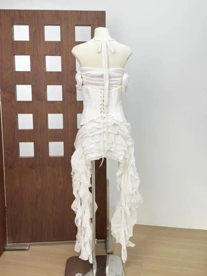 Women Ruffles Draped Dress Three Piece Sets Sexy Halter Neck Folds Ruffled Dress+Lace-up Corset Top+Shorts Suits Party Cocktail by Dropshipman