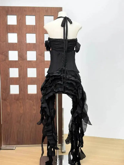 Women Ruffles Draped Dress Three Piece Sets Sexy Halter Neck Folds Ruffled Dress+Lace-up Corset Top+Shorts Suits Party Cocktail by Dropshipman