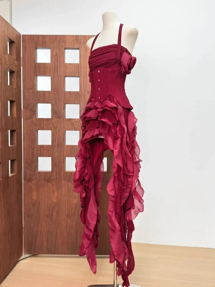 Women Ruffles Draped Dress Three Piece Sets Sexy Halter Neck Folds Ruffled Dress+Lace-up Corset Top+Shorts Suits Party Cocktail SHOPEZRA L.L.C.