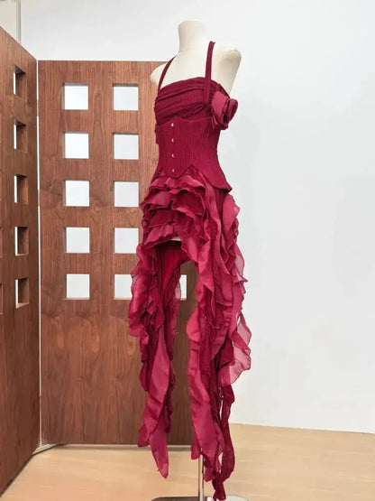 Women Ruffles Draped Dress Three Piece Sets Sexy Halter Neck Folds Ruffled Dress+Lace-up Corset Top+Shorts Suits Party Cocktail by Dropshipman