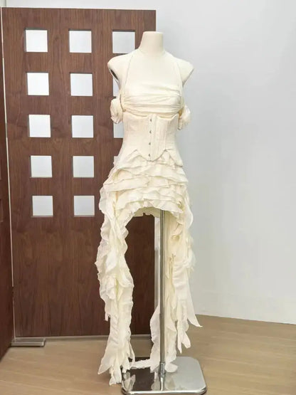 Women Ruffles Draped Dress Three Piece Sets Sexy Halter Neck Folds Ruffled Dress+Lace-up Corset Top+Shorts Suits Party Cocktail by Dropshipman