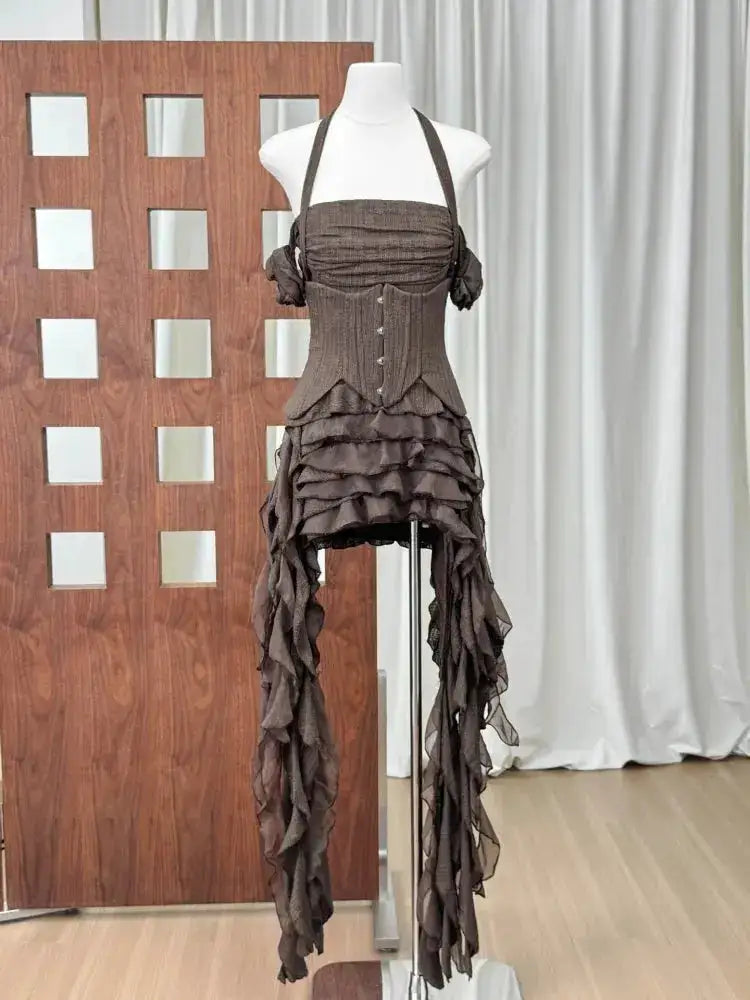 Women Ruffles Draped Dress Three Piece Sets Sexy Halter Neck Folds Ruffled Dress+Lace-up Corset Top+Shorts Suits Party Cocktail by Dropshipman