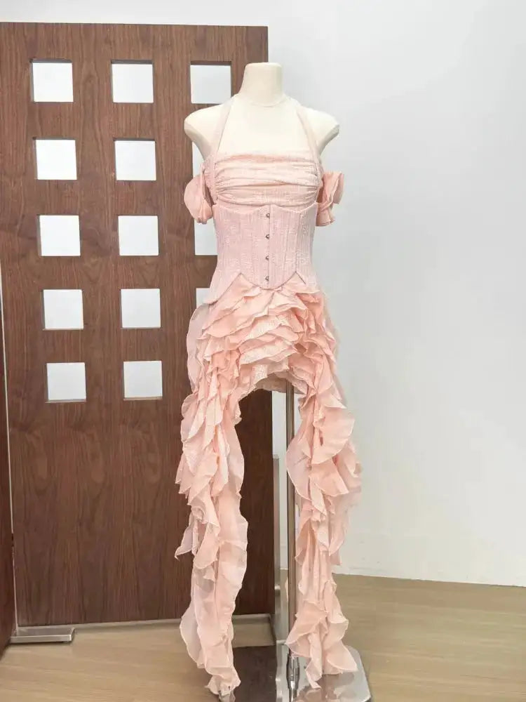 Women Ruffles Draped Dress Three Piece Sets Sexy Halter Neck Folds Ruffled Dress+Lace-up Corset Top+Shorts Suits Party Cocktail by Dropshipman