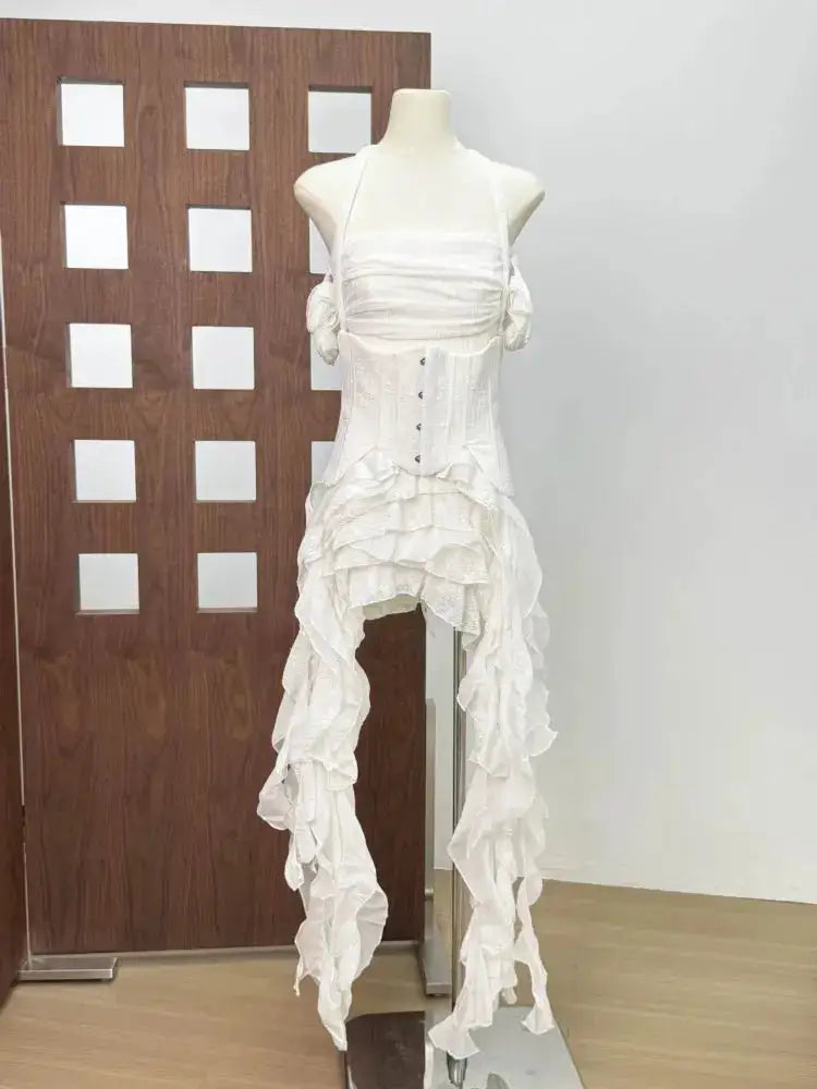 Women Ruffles Draped Dress Three Piece Sets Sexy Halter Neck Folds Ruffled Dress+Lace-up Corset Top+Shorts Suits Party Cocktail by Dropshipman