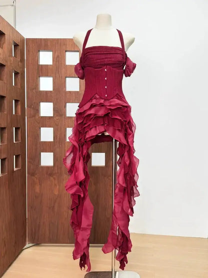 Women Ruffles Draped Dress Three Piece Sets Sexy Halter Neck Folds Ruffled Dress+Lace-up Corset Top+Shorts Suits Party Cocktail by Dropshipman