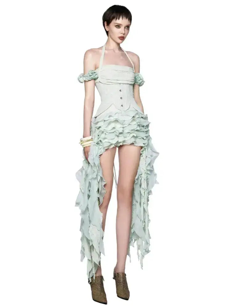 Women Ruffles Draped Dress Three Piece Sets Sexy Halter Neck Folds Ruffled Dress+Lace-up Corset Top+Shorts Suits Party Cocktail by Dropshipman