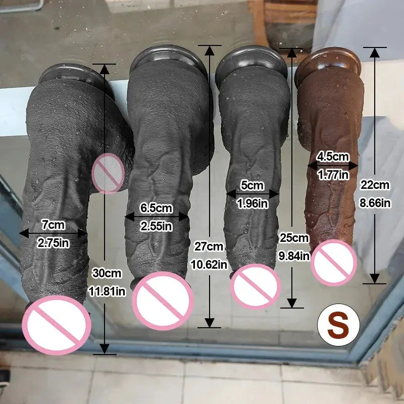 Realistic large silicone coffee-shaped dildo for women, featuring vaginal and anal textures, soft clitoris, and suction base.