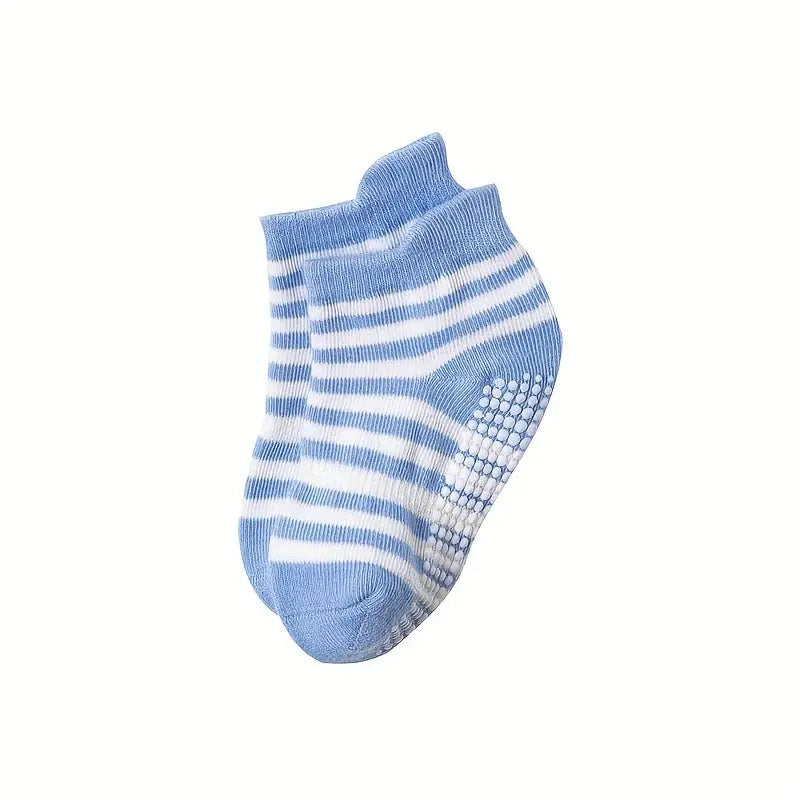 Six pairs of breathable, anti-slip boys and girls' socks featuring cute cartoon animal patterns for comfortable baby foot wear.
