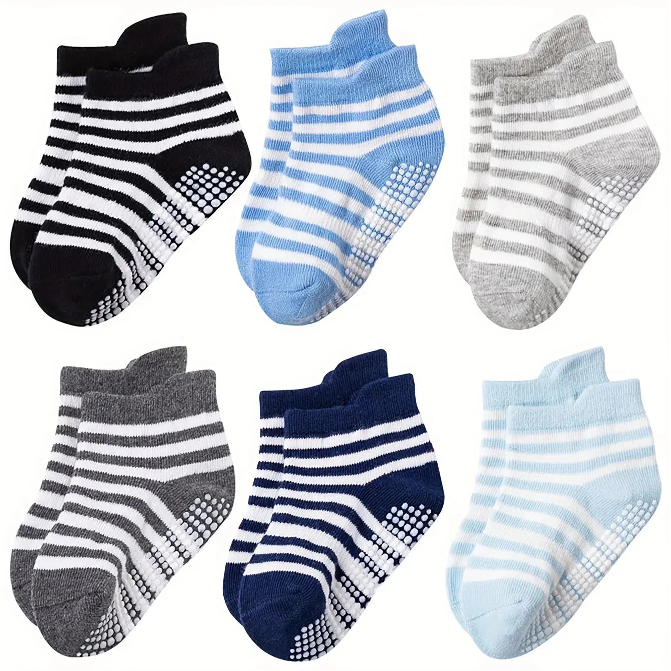 Six pairs of SHOPEZRA L.L.C. boys and girls' anti-slip socks with cute cartoon animal patterns, breathable and comfortable baby floor socks.