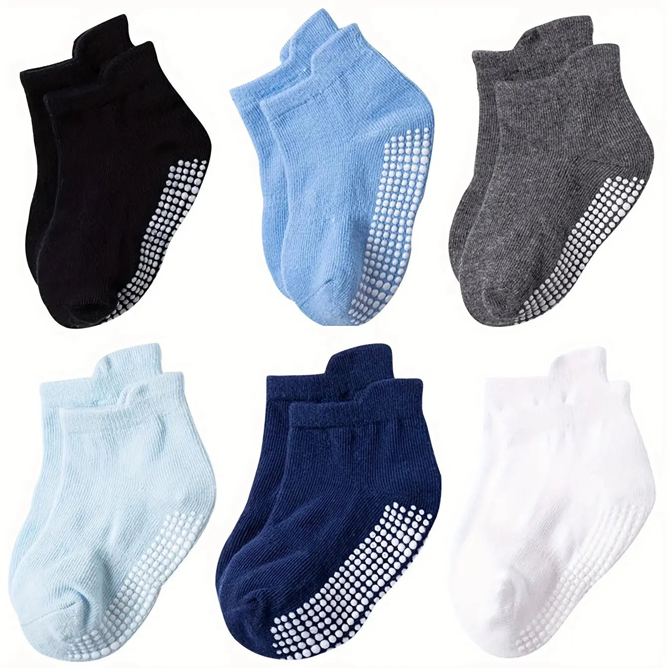 Six pairs of SHOPEZRA L.L.C. boys and girls' anti-slip socks with colorful cartoon animal patterns, breathable and comfortable for babies.