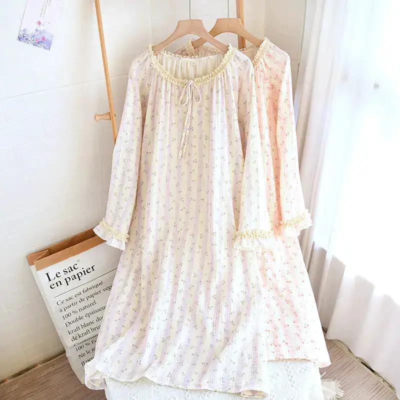 Spring and Summer Long Sleeve Round Neck Lace Sweet Long Dress Women&