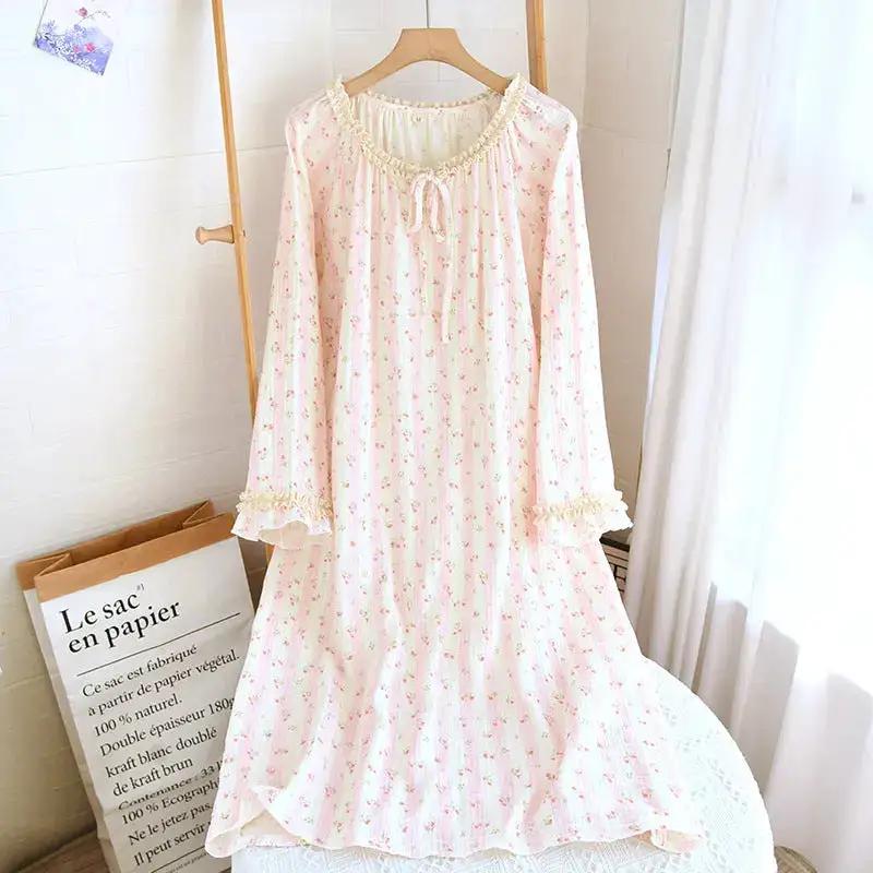Spring and Summer Long Sleeve Round Neck Lace Sweet Long Dress Women&